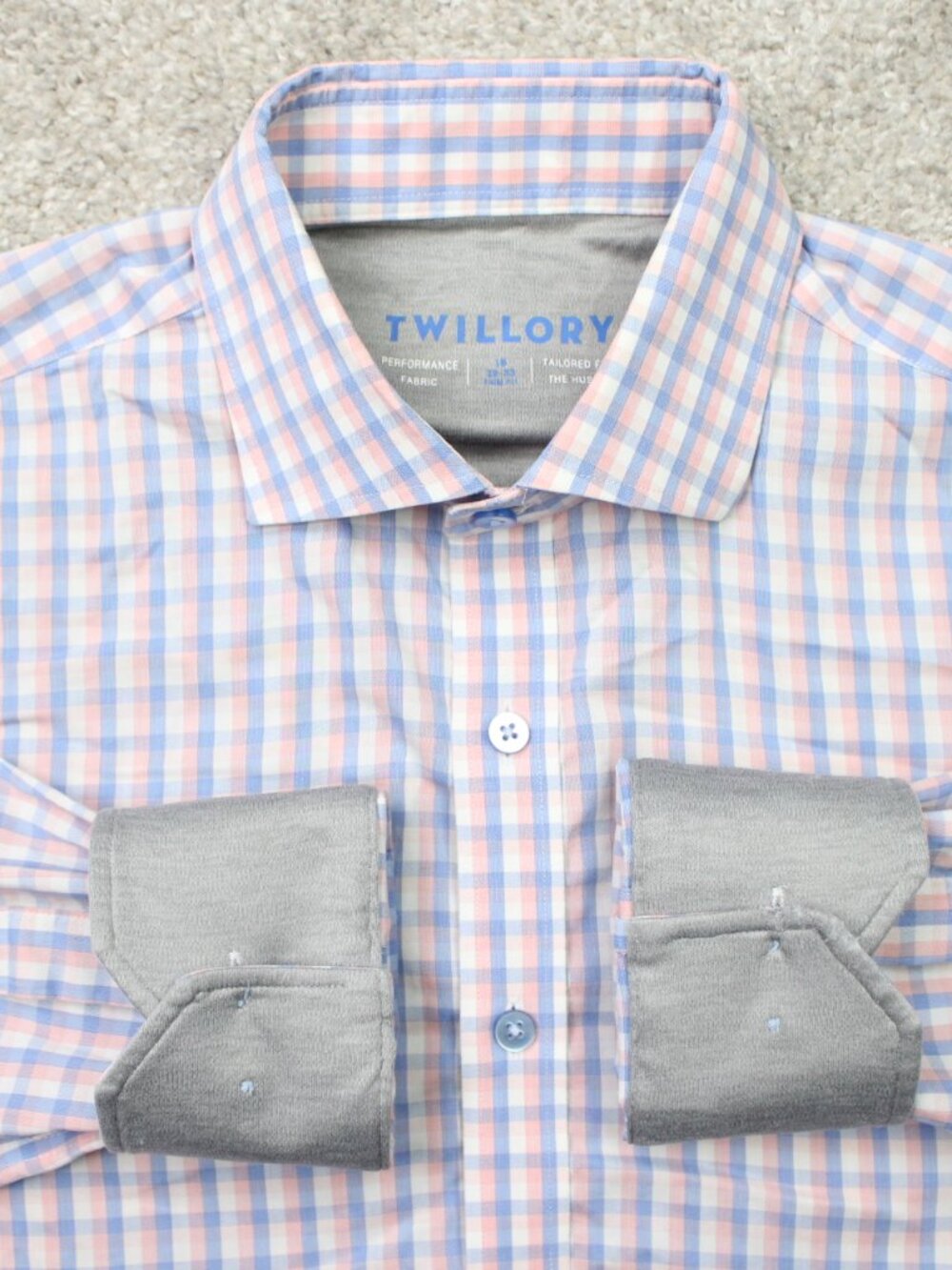 Twillory Shirt Mens 16, 32-33 Pink/Blue Check Trim Fit Performance Long Sleeve